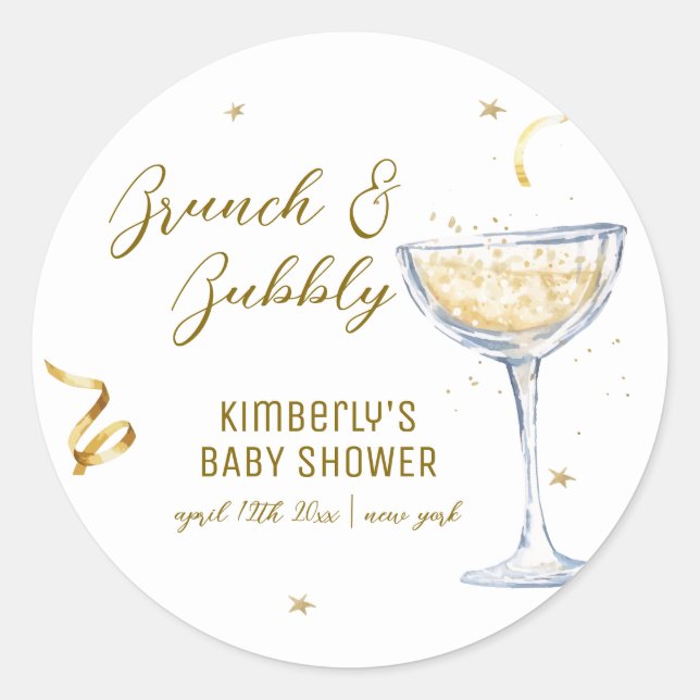Sticker Rond Baby shower de champagne Bubbly Gold Elegant Brunc (Devant)