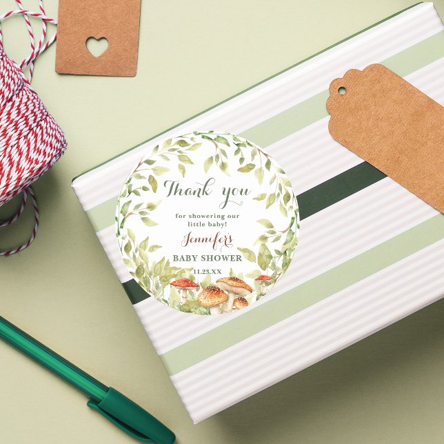 Sticker Rond Baby shower de champignons de bois Merci (Créateur téléchargé)