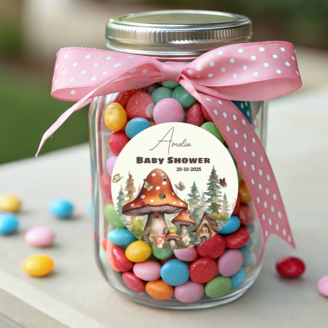 Sticker Rond Baby shower de champignons de forêt rustique autom (mushroom label)