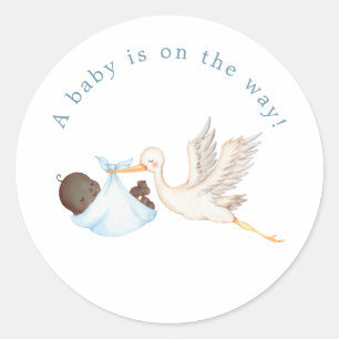 Sticker rond Baby shower de cigogne bleue