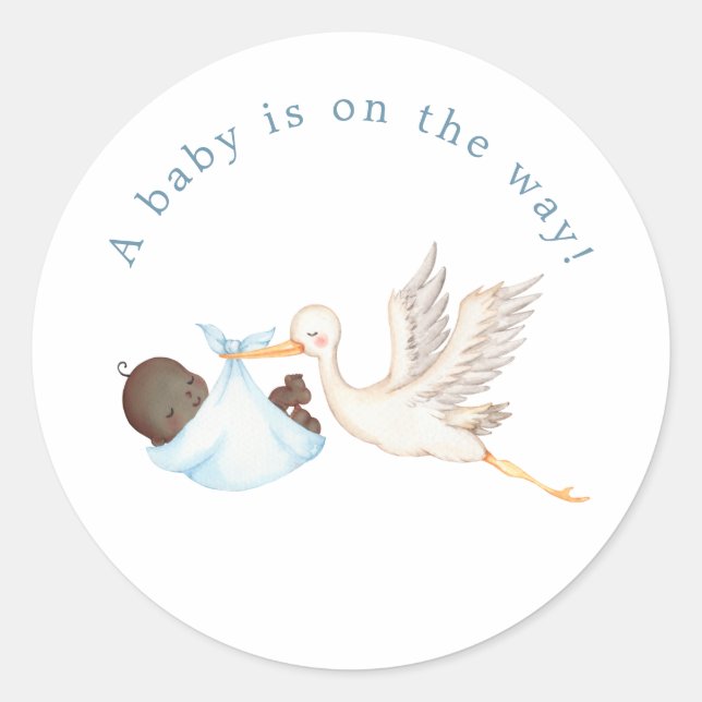 Sticker rond Baby shower de cigogne bleue (Devant)