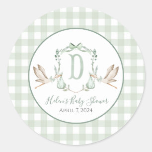 Sticker Rond Baby shower de cigogne de Preppy Southern Green