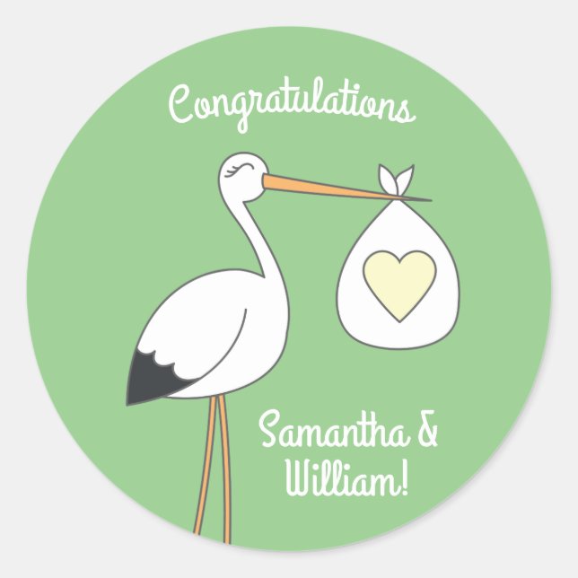 Sticker Rond Baby shower de cigogne vert (Devant)