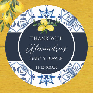 Sticker Rond Baby shower de citron italien bleu marine Merci