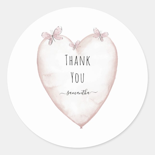 Sticker Rond Baby shower de coeur et papillon Merci blanc (Devant)