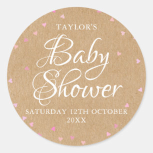Sticker Rond Baby shower de coeur rose kraft rustique