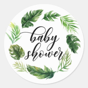 Sticker Rond Baby shower de couronne Feuille tropicale aquarell