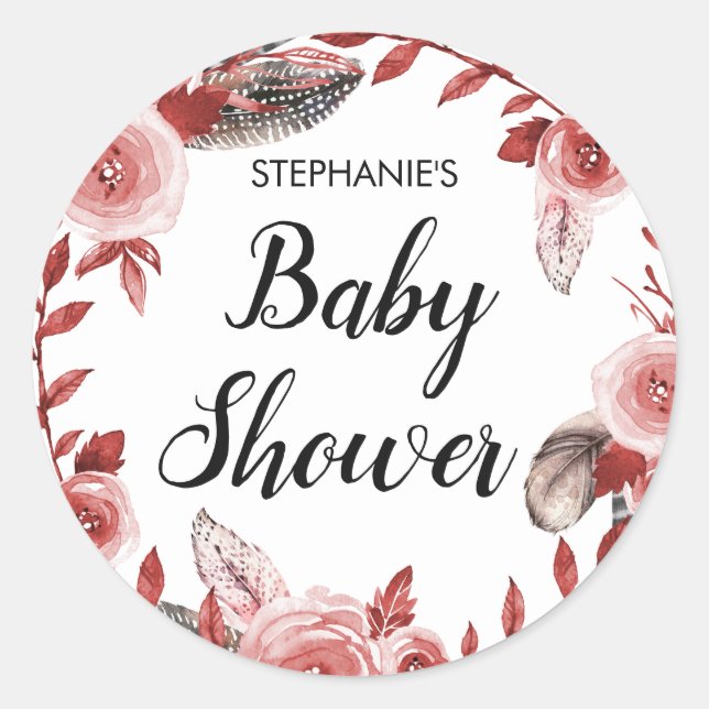 Sticker Rond Baby shower de courroie fleurie en plumes de Boho (Devant)