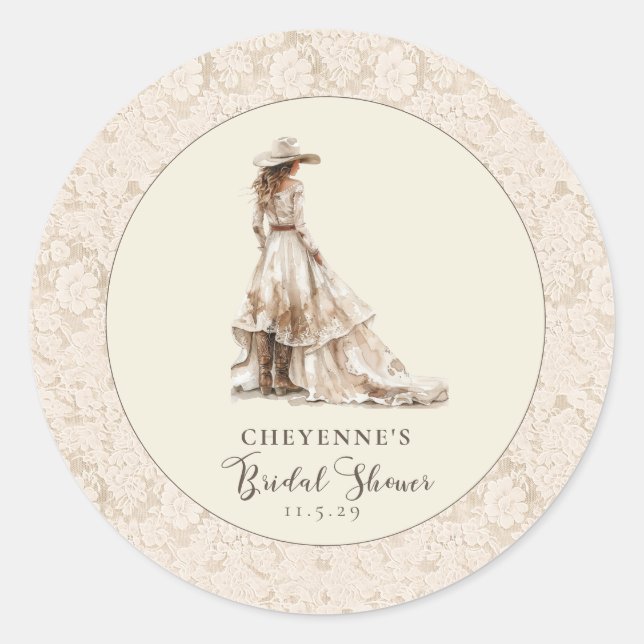 Sticker Rond Baby Shower de Cowgirl de l'Ouest et Bottes de Cow (Devant)