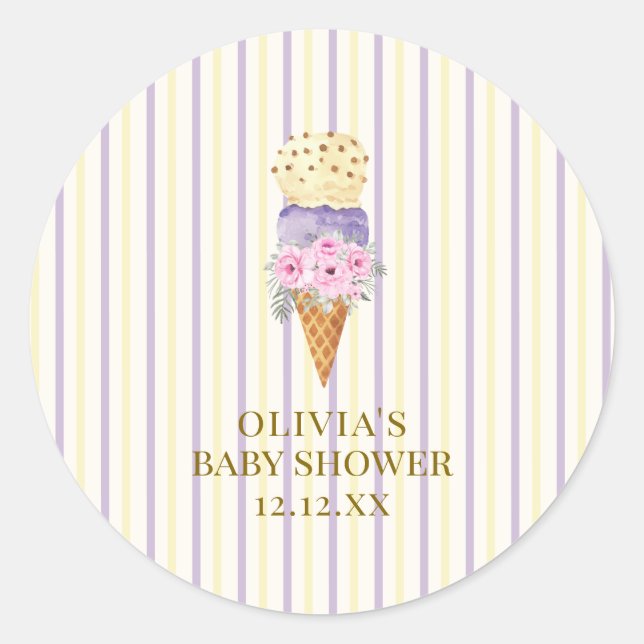 Sticker Rond Baby shower de crème glacée jaune violet (Devant)