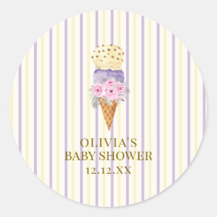 Sticker Rond Baby shower de crème glacée jaune violet