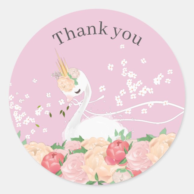 Sticker Rond Baby shower de cygne floral Whimsical Thankyou (Devant)