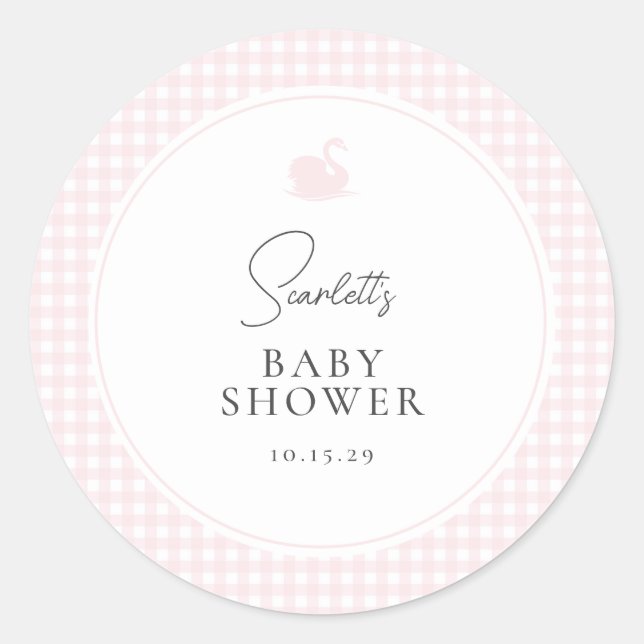 Sticker Rond Baby shower de cygne rose En vichy moderne (Devant)