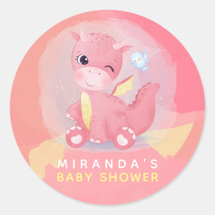 Sticker Rond Baby shower de dinosaures rose et jaune