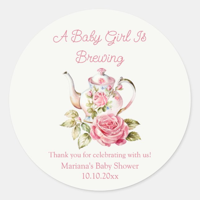 Sticker Rond baby shower de fête du thé à fleurs rose brassard (Devant)