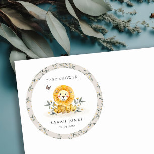 Sticker Rond Baby shower de feuillage de Lion d'aquarelle bois