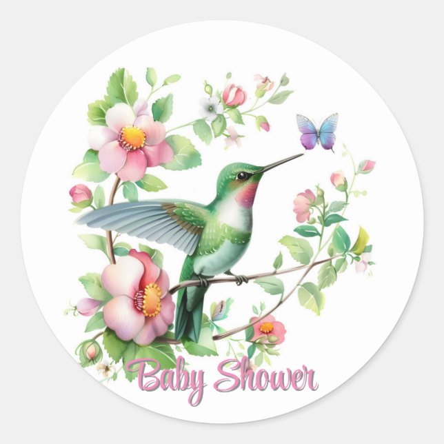 Sticker Rond Baby shower de fille aux colibris et aux papillons (Devant)