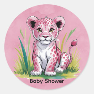 Sticker Rond Baby shower de fille d'aquarelle de lion rose