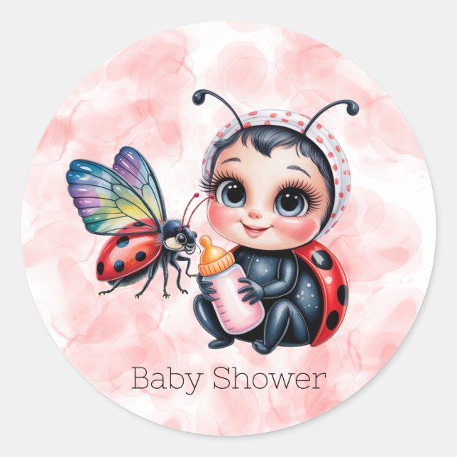 Sticker Rond Baby shower de fille de coccinelle et papillon (Devant)