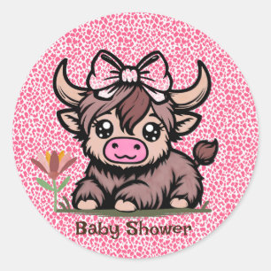 Sticker Rond Baby shower de fille de vache rose Tan Highland
