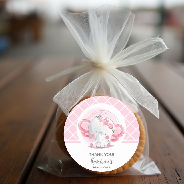Sticker Rond Baby shower de fille d'éléphant rose (Pink Elephant Girl Baby Shower Sticker)