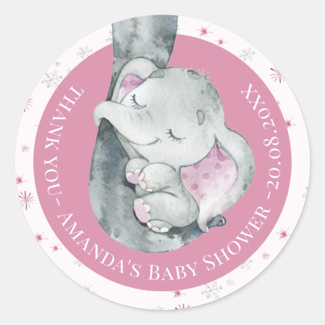 Sticker Rond Baby shower de fille d'hiver Pink Snowflake Elépha (Devant)