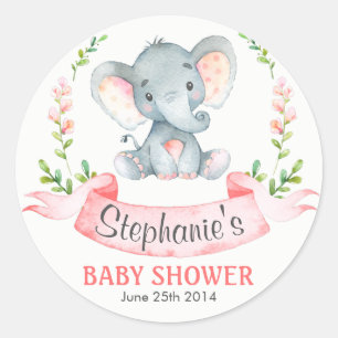 Sticker Rond Baby shower de fille Eléphant Aquarelle