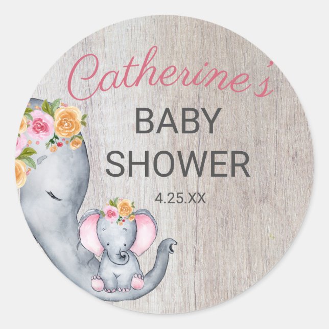 Sticker Rond Baby shower de fille Eléphant rustique mignon (Devant)