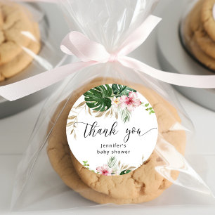 Sticker Rond Baby shower de fille feuille tropicale