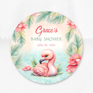 Sticker Rond Baby shower de fille Flamant rose rose d'été tropi