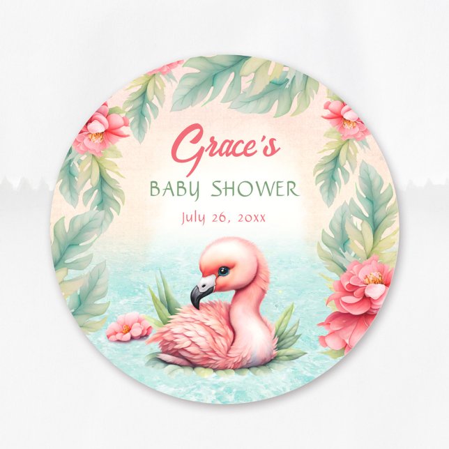 Sticker Rond Baby shower de fille Flamant rose rose d'été tropi (Tropical Summer Pink Flamingo Girl Baby Shower Classic Round Sticker)