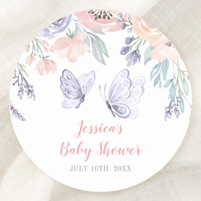 Sticker Rond Baby shower de fille papillon rose violet (Créateur téléchargé)