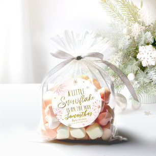 Sticker Rond Baby shower de fille Pink Gold Snowflake