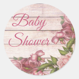 Sticker Rond Baby shower de fille Rose Vintage et bois