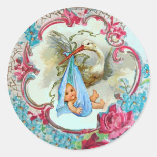 STICKER ROND BABY SHOWER DE FILLES EN STORK ROSES ROSES ROSES E