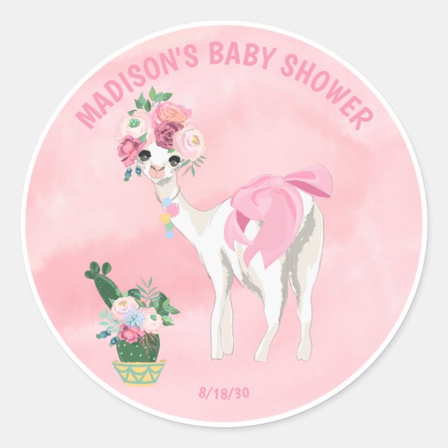 Sticker Rond Baby shower de filles Llama Alpaca rose (Devant)