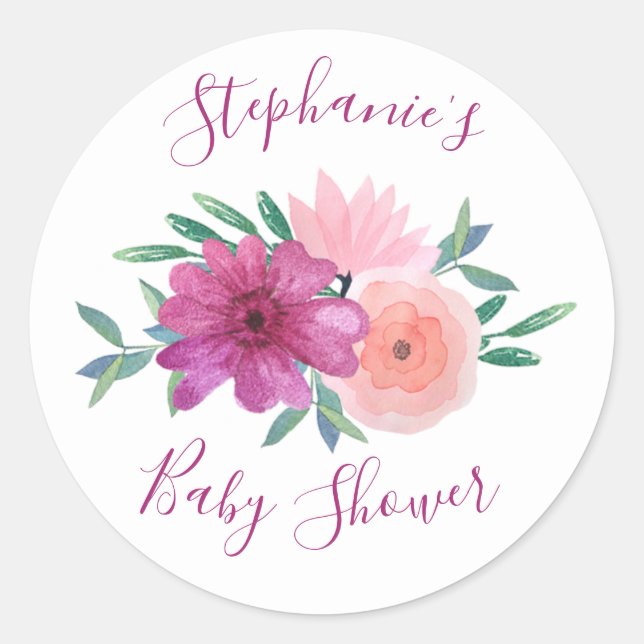Sticker Rond Baby shower de fleurs d'aquarelle rose Personnalis (Devant)
