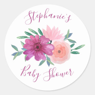 Sticker Rond Baby shower de fleurs d'aquarelle rose Personnalis