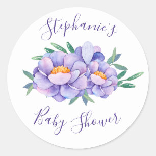Sticker Rond Baby shower de fleurs d'aquarelle violet personnal