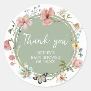 Sticker Rond Baby shower de fleurs de bébé vert Sage