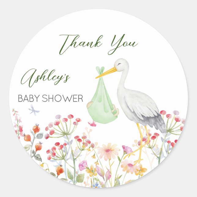Sticker Rond Baby shower de fleurs printanières de cigogne spéc (Devant)