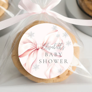 Sticker Rond Baby shower de flocons de neige de Bow rose