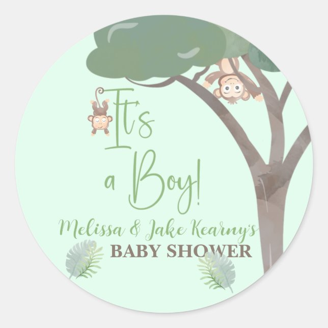 Sticker Rond BABY SHOWER DE GARÇON, BABY SHOWER MONKEY autocoll (Devant)
