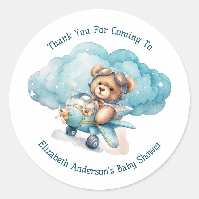 Sticker Rond Baby shower de garçon d'avion Teddy Bear (Devant)