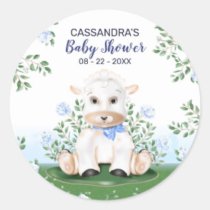Sticker Rond Baby shower de garçon de fleurs bleu d'agneau