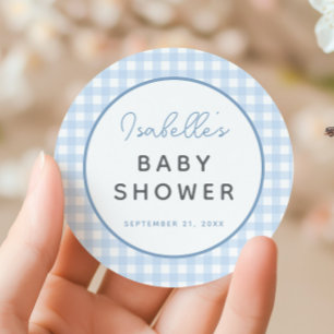 Sticker Rond Baby shower de garçon En vichy bleu