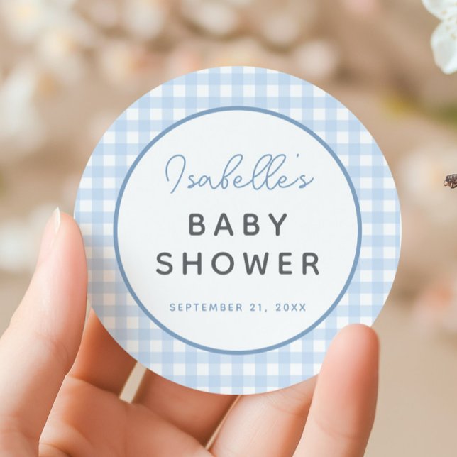 Sticker Rond Baby shower de garçon En vichy bleu (Blue gingham Baby Shower Sticker)