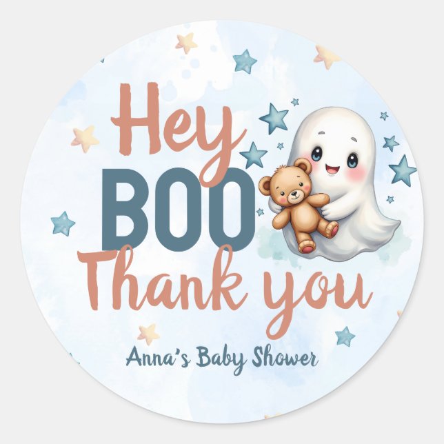 Sticker Rond Baby shower de garçon Halloween Ghost Merci person (Devant)