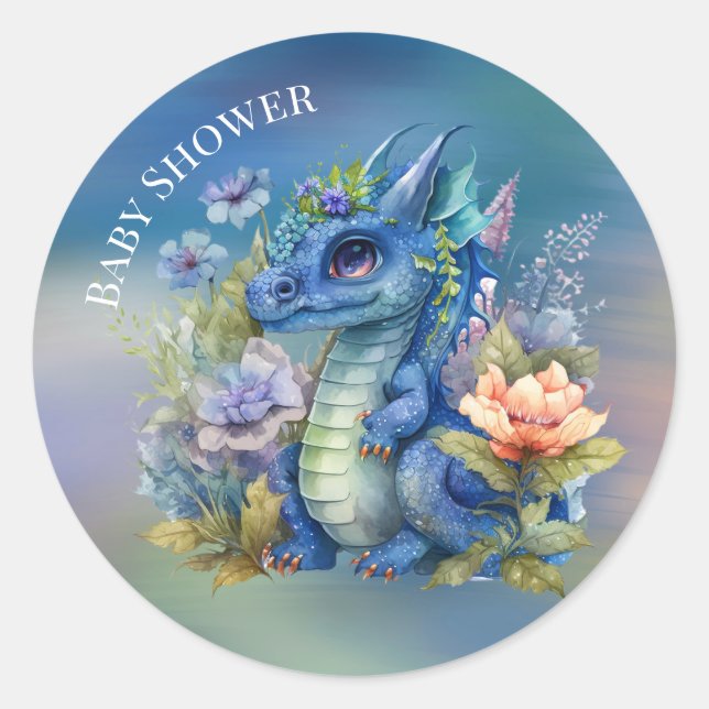 Sticker Rond Baby shower de garçon Navy Blue Dragon (Devant)