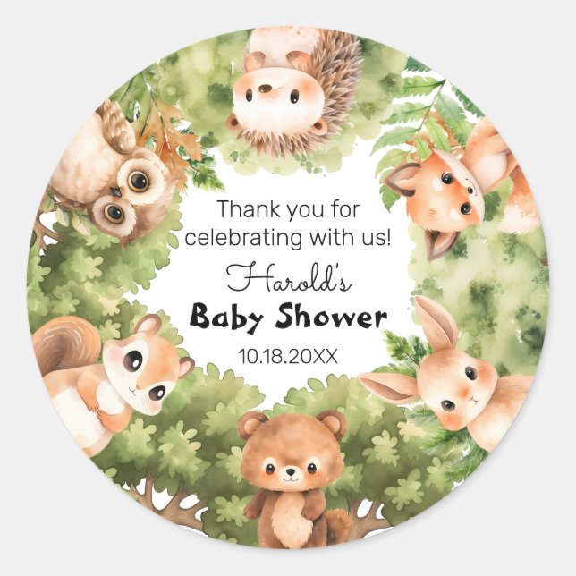 Sticker Rond Baby shower de garçon Woodland personnalisé Faveur (Devant)
